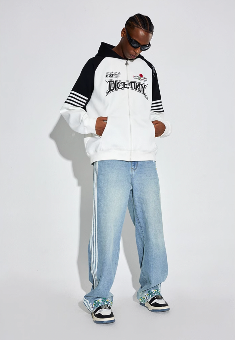 DICETINY Rose Embroidery Logo Printed Zip Up Hoodie