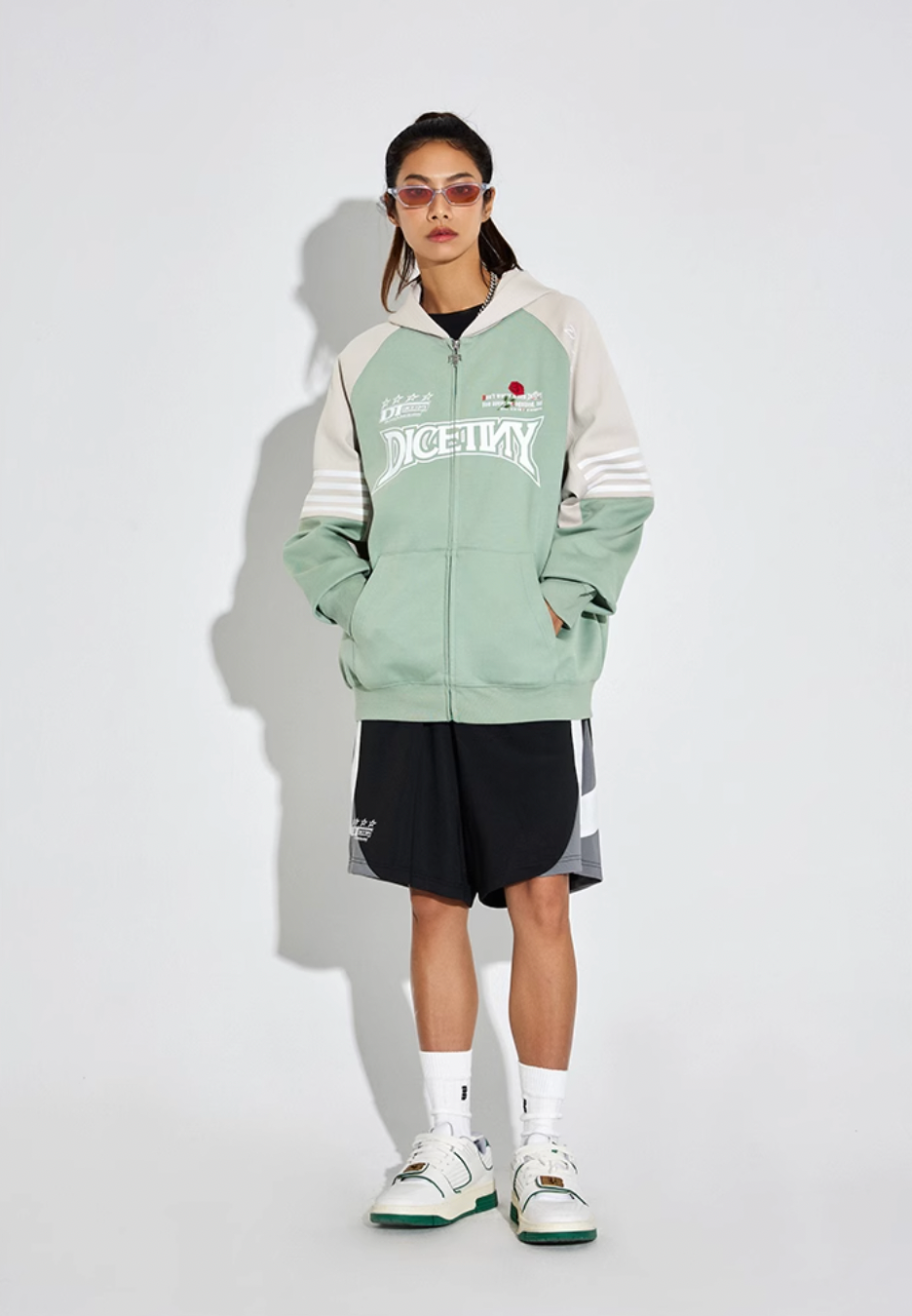 DICETINY Rose Embroidery Logo Printed Zip Up Hoodie