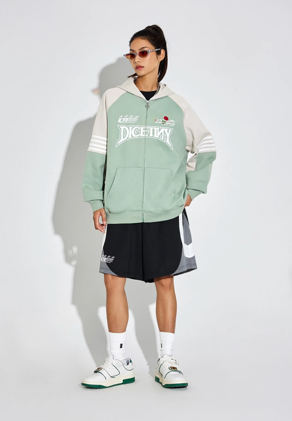 DICETINY Rose Embroidery Logo Printed Zip Up Hoodie