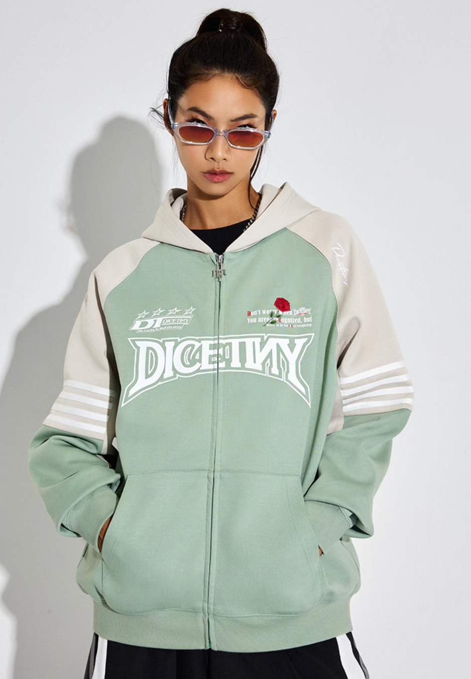 DICETINY Rose Embroidery Logo Printed Zip Up Hoodie