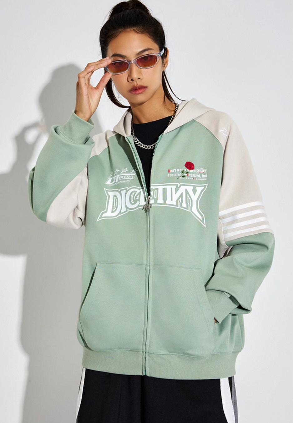 DICETINY Rose Embroidery Logo Printed Zip Up Hoodie