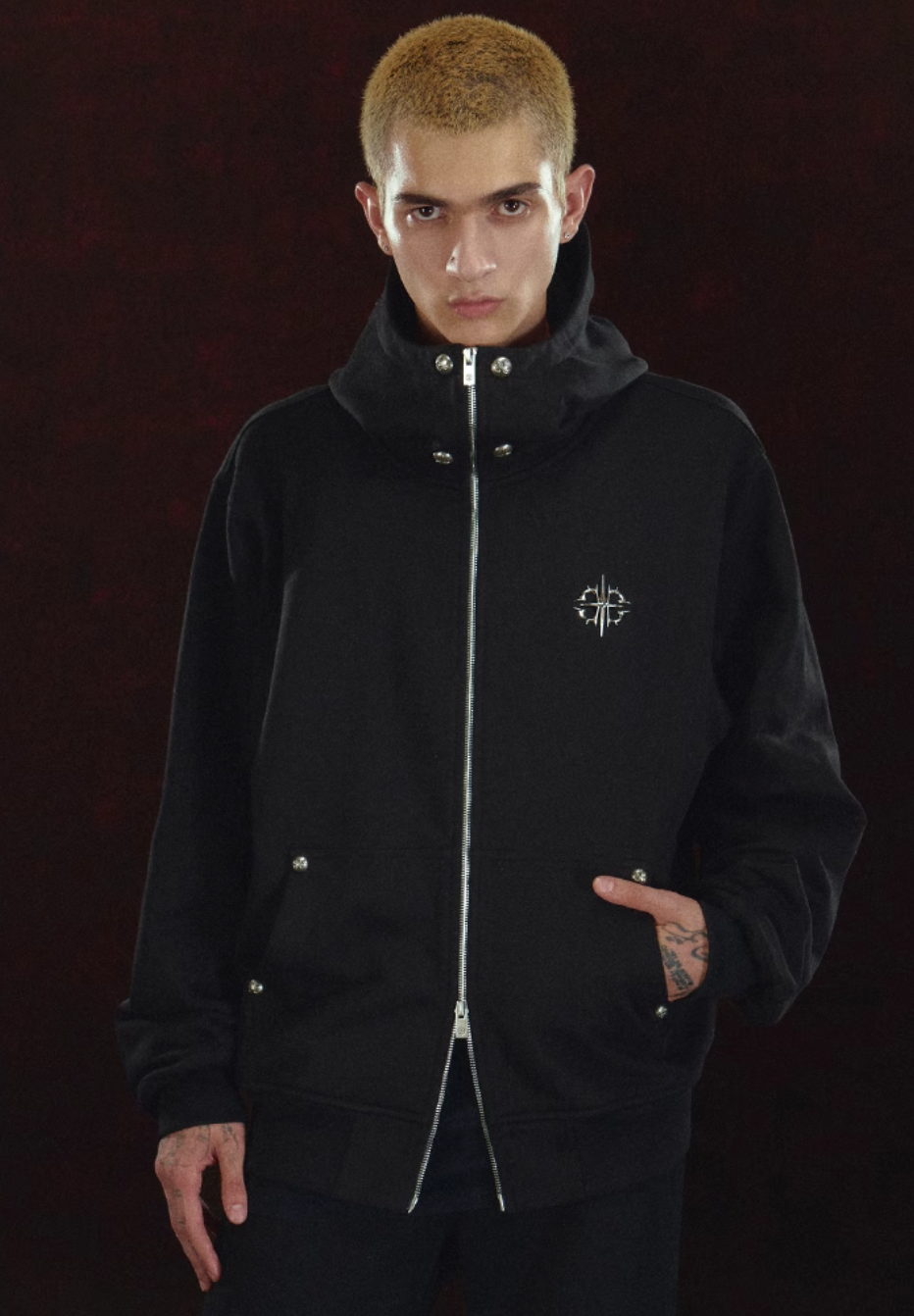 DICETINY Metal Logo & Studs Sword Printed Zip Up Hoodie