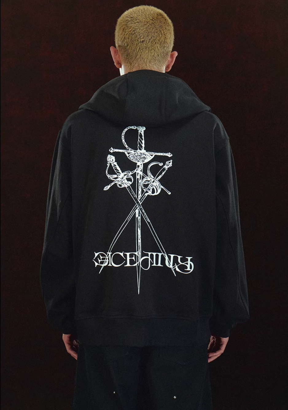 DICETINY Metal Logo & Studs Sword Printed Zip Up Hoodie
