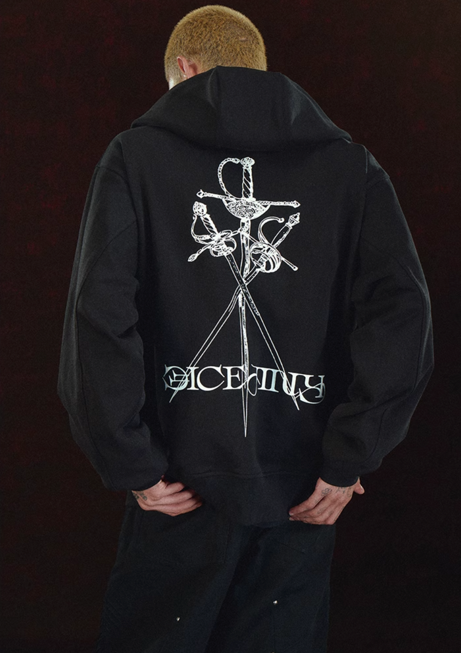 DICETINY Metal Logo & Studs Sword Printed Zip Up Hoodie