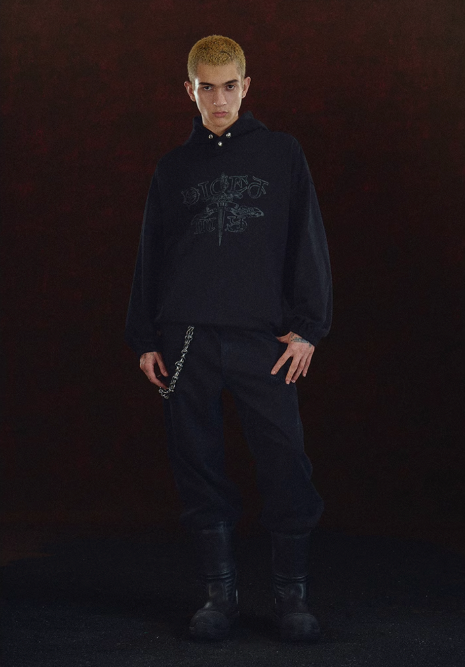 DICETINY Metal Studs Button Sword Printed Hoodie