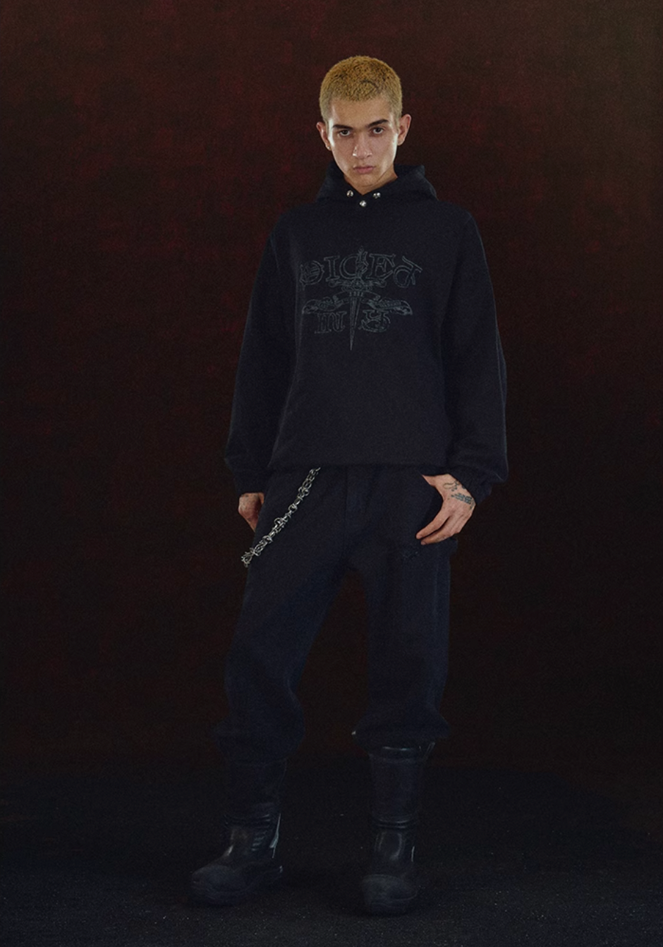 DICETINY Metal Studs Button Sword Printed Hoodie
