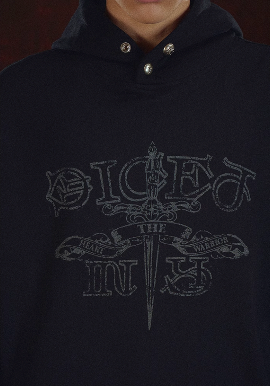 DICETINY Metal Studs Button Sword Printed Hoodie
