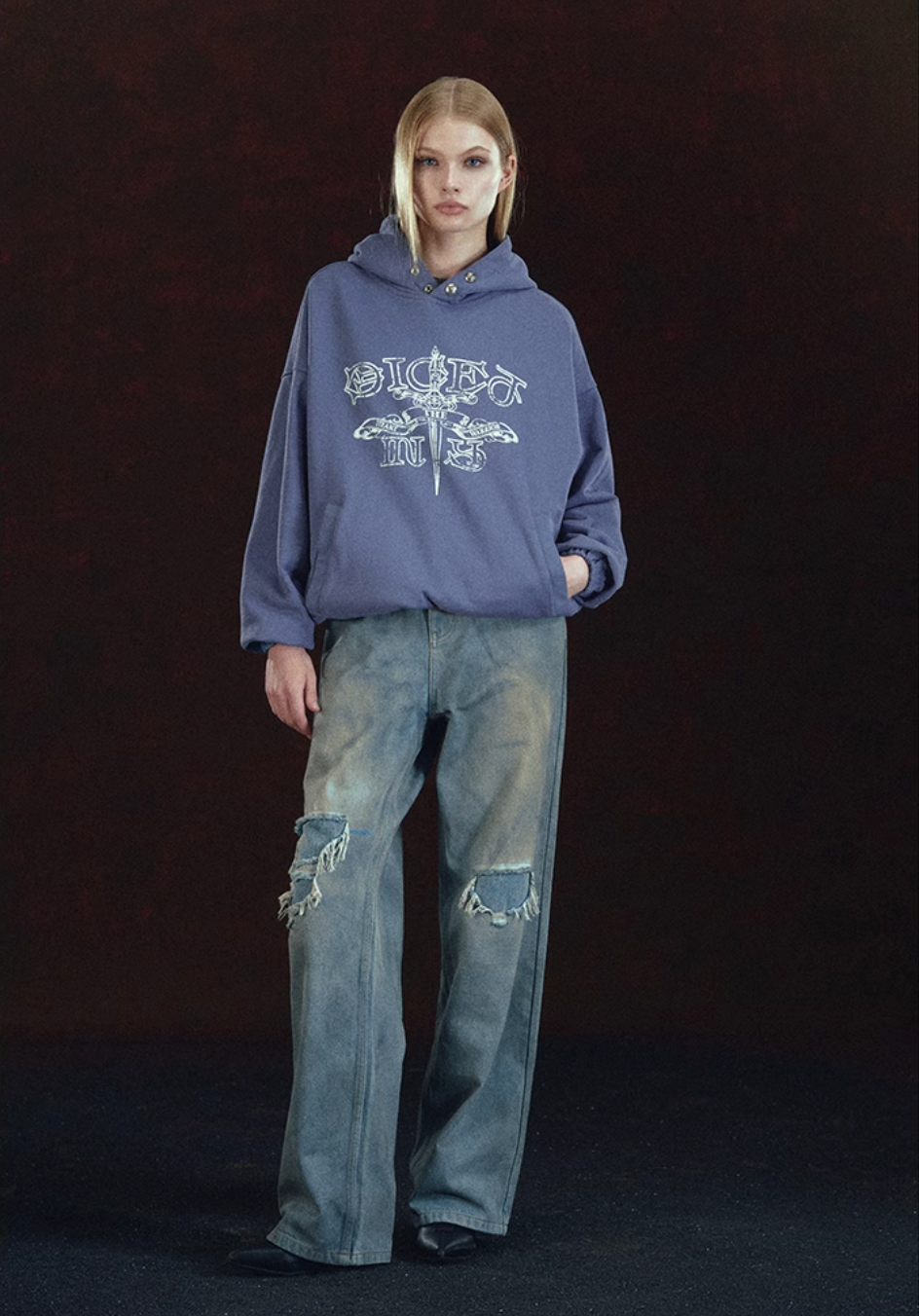 DICETINY Metal Studs Button Sword Printed Hoodie