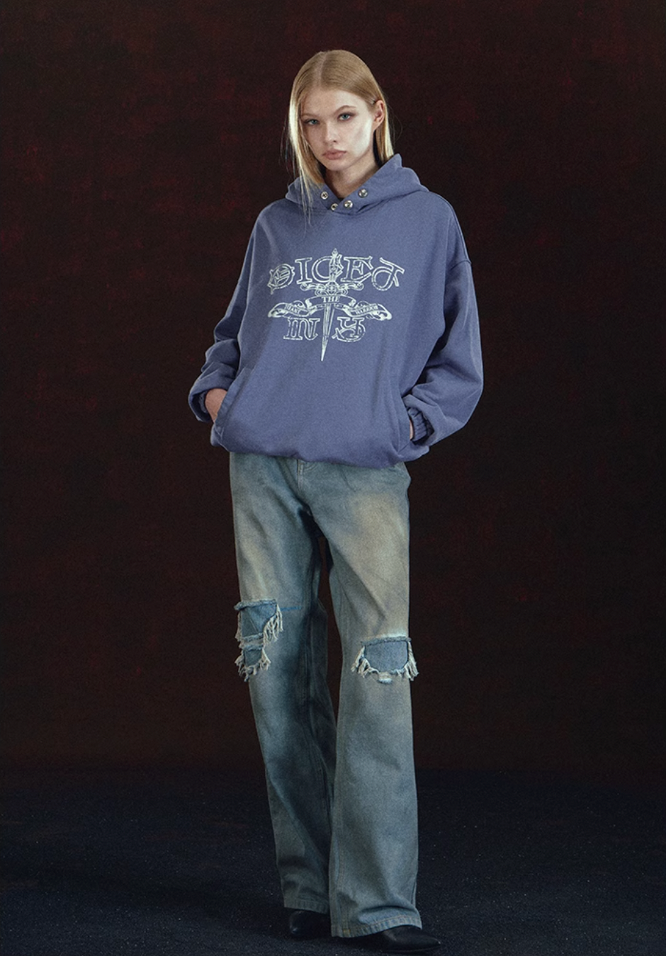 DICETINY Metal Studs Button Sword Printed Hoodie