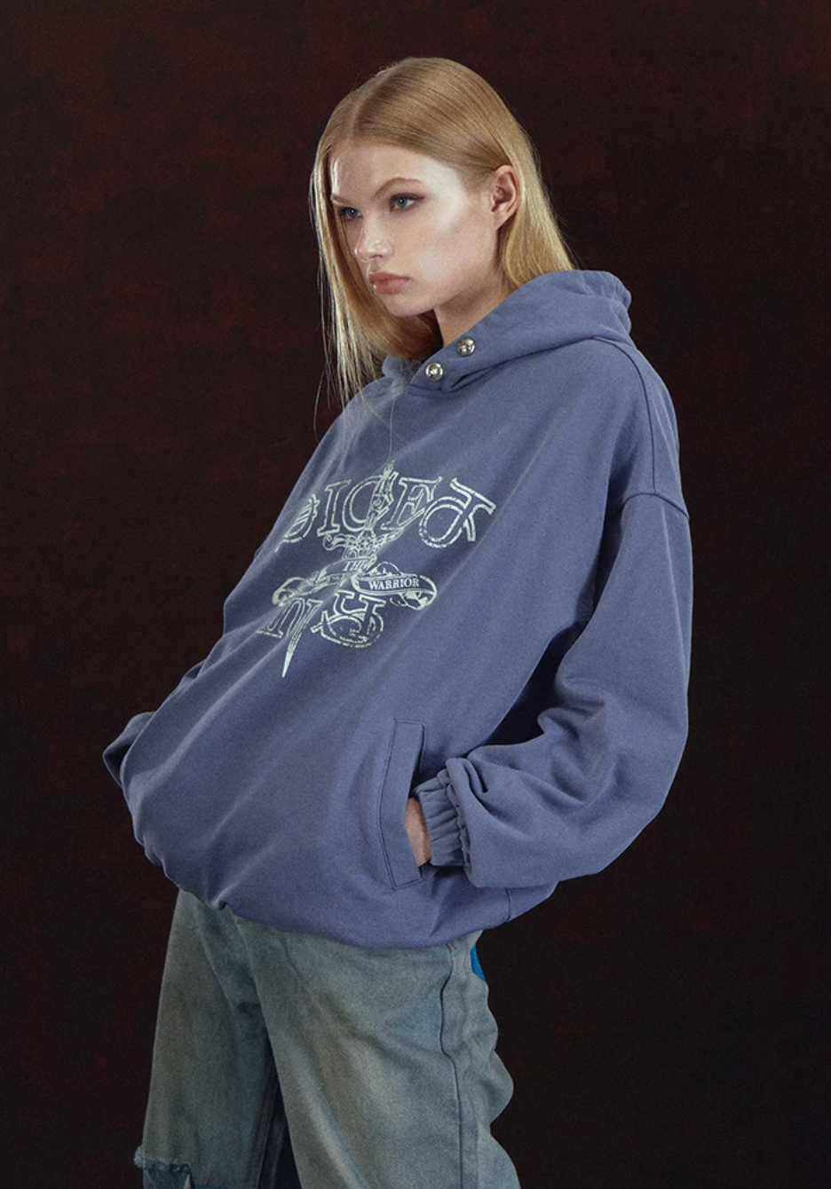 DICETINY Metal Studs Button Sword Printed Hoodie