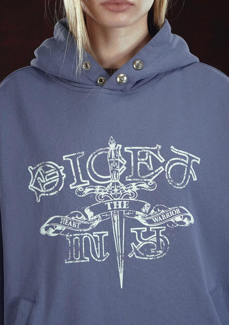 DICETINY Metal Studs Button Sword Printed Hoodie