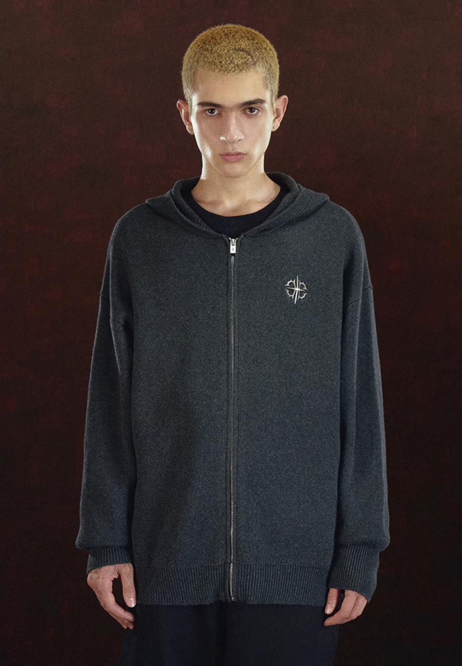 DICETINY Metal Logo Zip Up Knit Hoodie