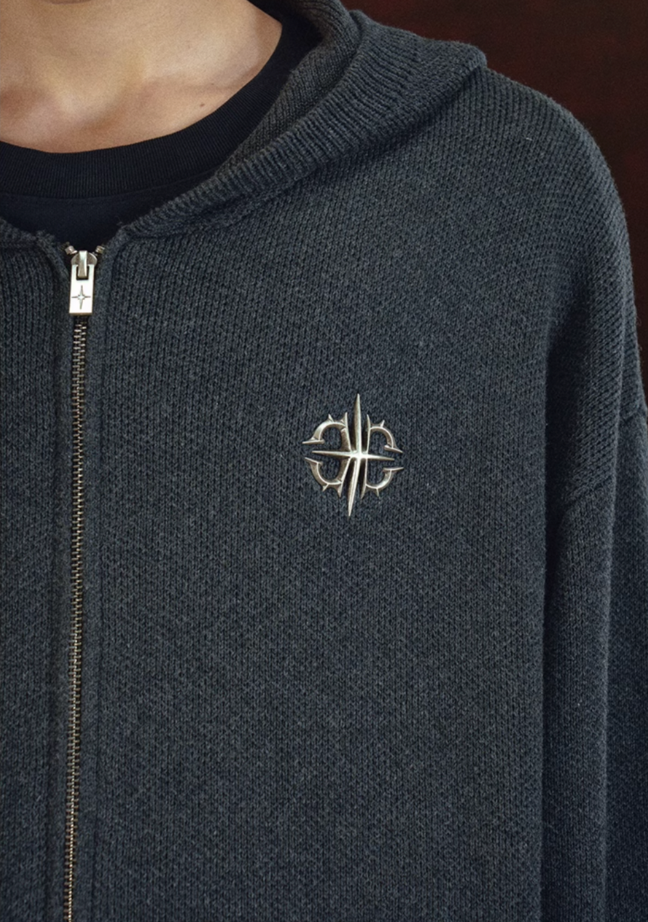 DICETINY Metal Logo Zip Up Knit Hoodie
