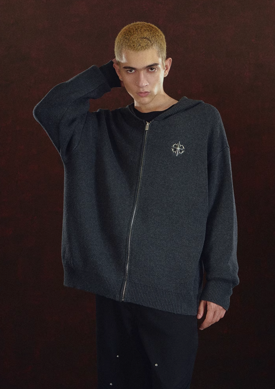 DICETINY Metal Logo Zip Up Knit Hoodie