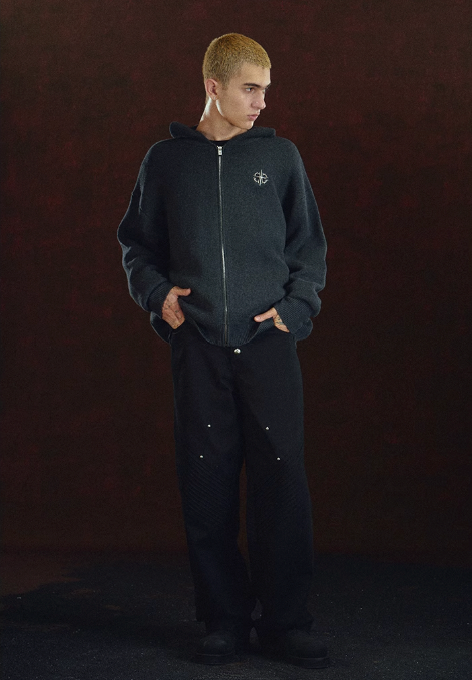 DICETINY Metal Logo Zip Up Knit Hoodie