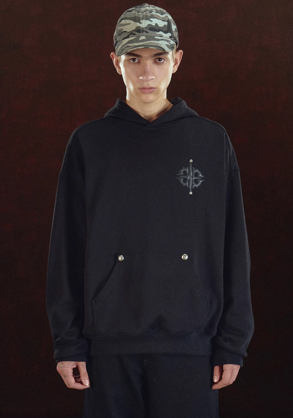DICETINY Leather Logo Metal Studs Hoodie