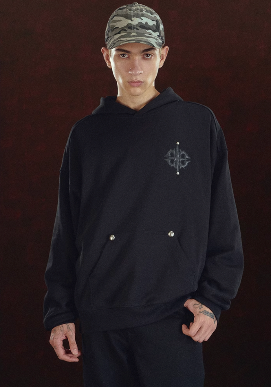 DICETINY Leather Logo Metal Studs Hoodie
