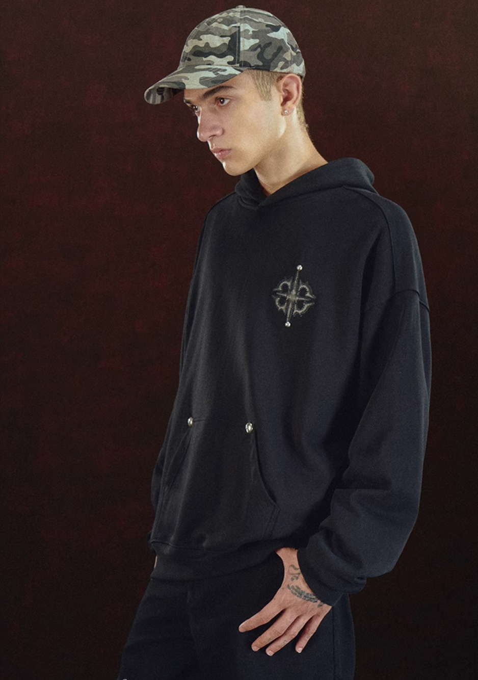 DICETINY Leather Logo Metal Studs Hoodie