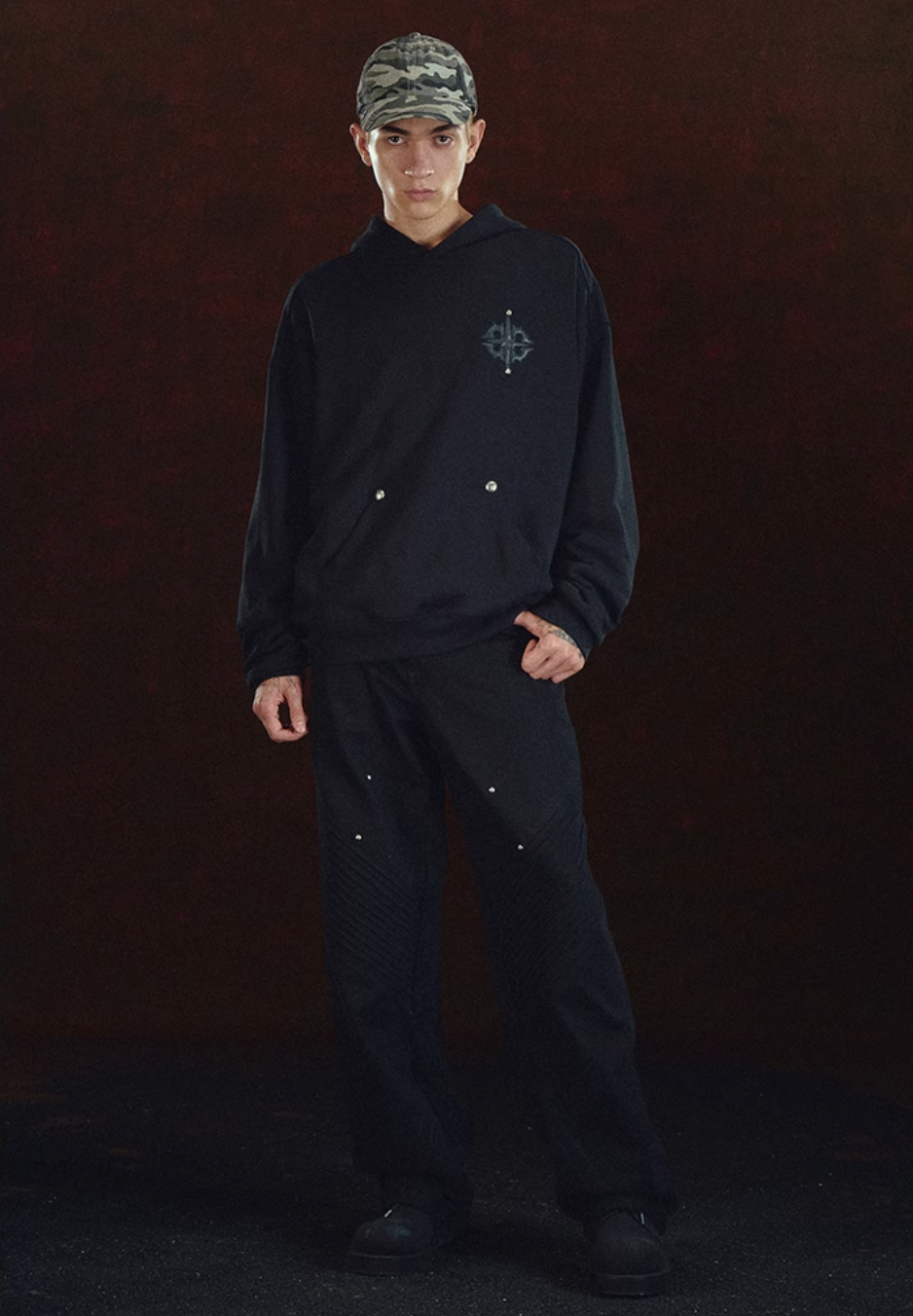 DICETINY Leather Logo Metal Studs Hoodie