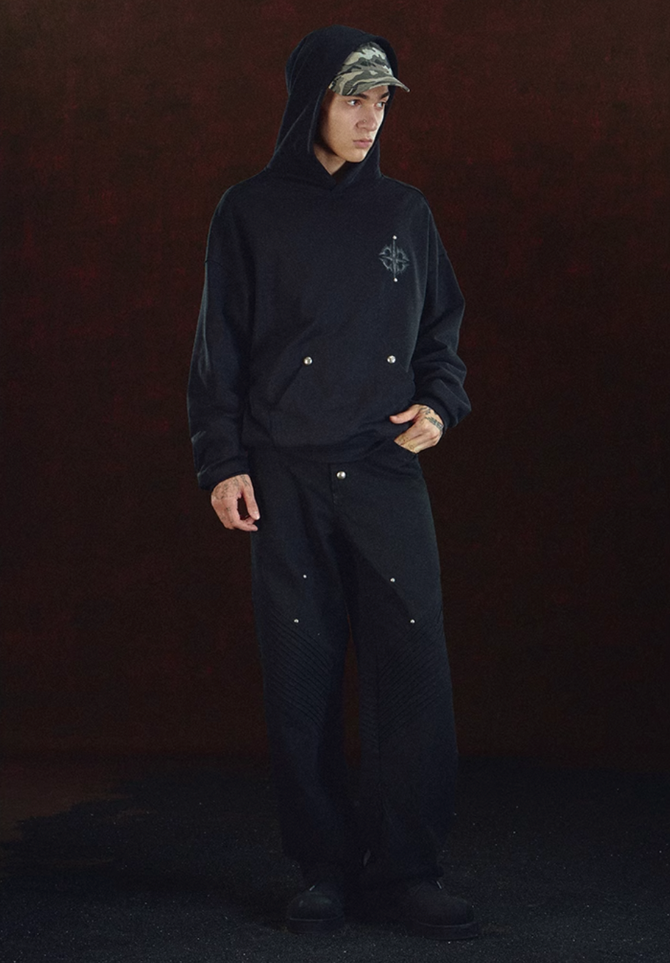 DICETINY Leather Logo Metal Studs Hoodie
