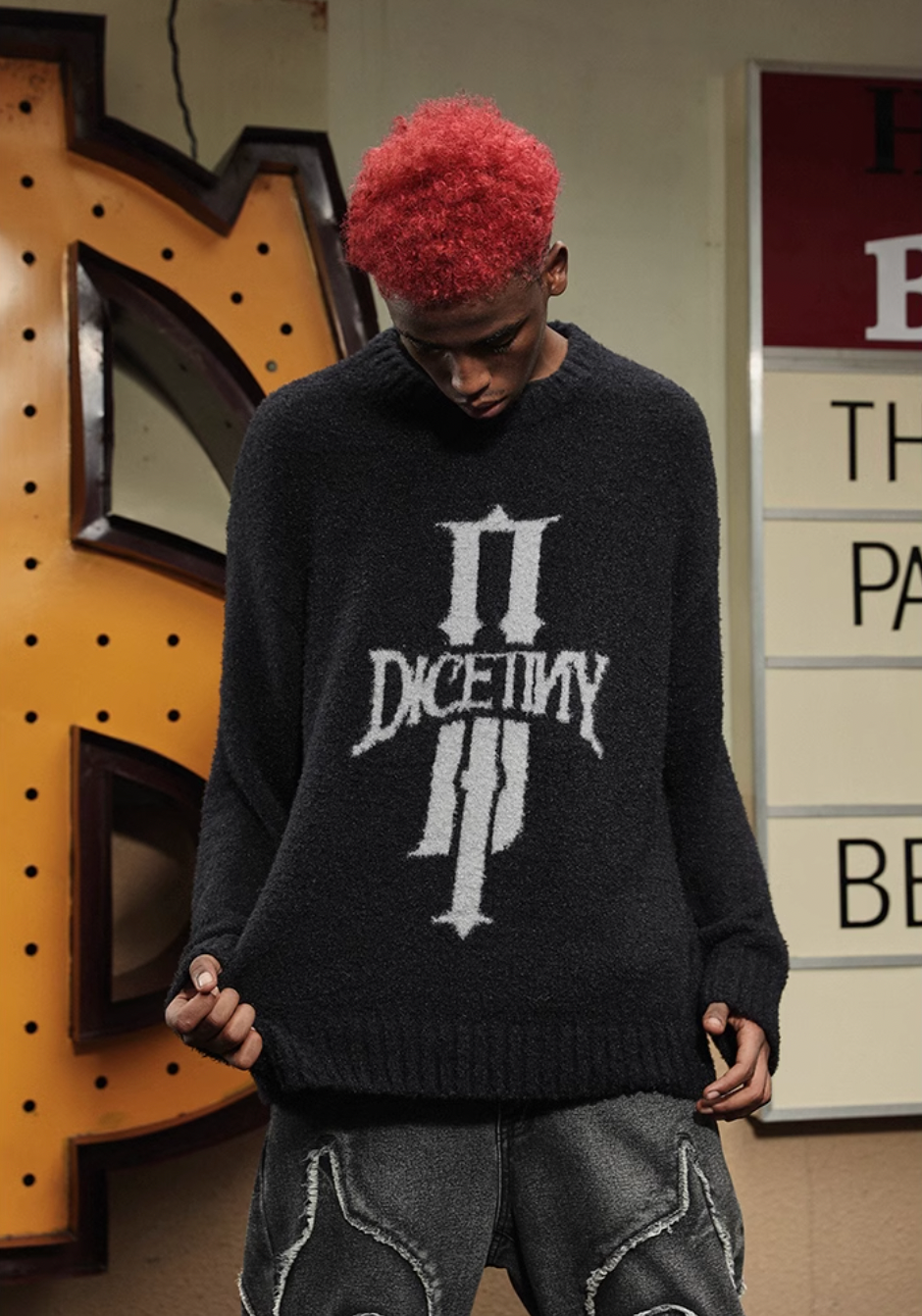 DICETINY Jacquard Logo Fleece Knit Sweater