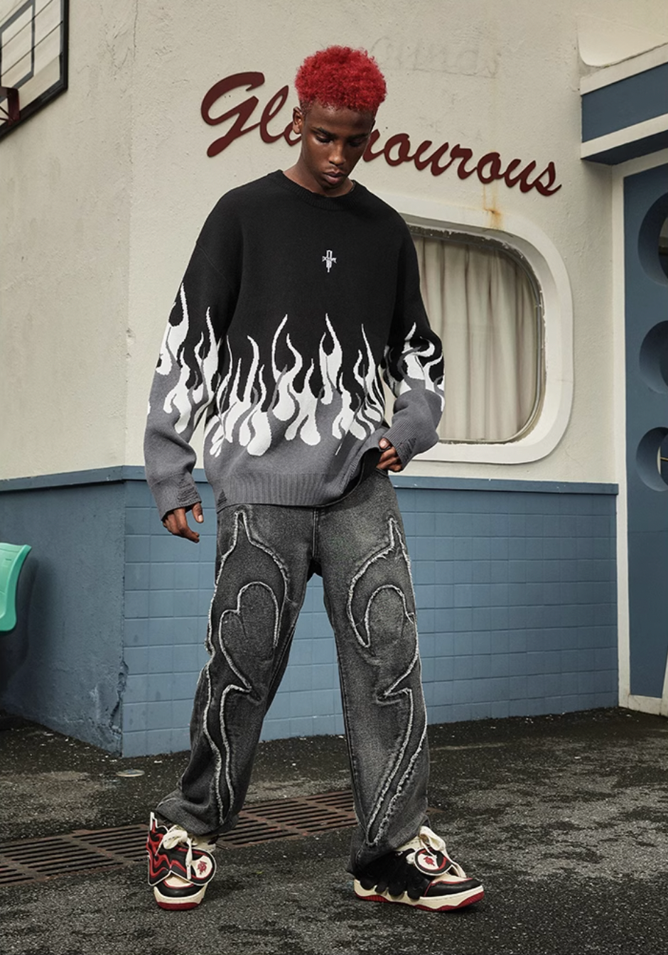 DICETINY Basic Logo Flame Destruction Knit Sweater
