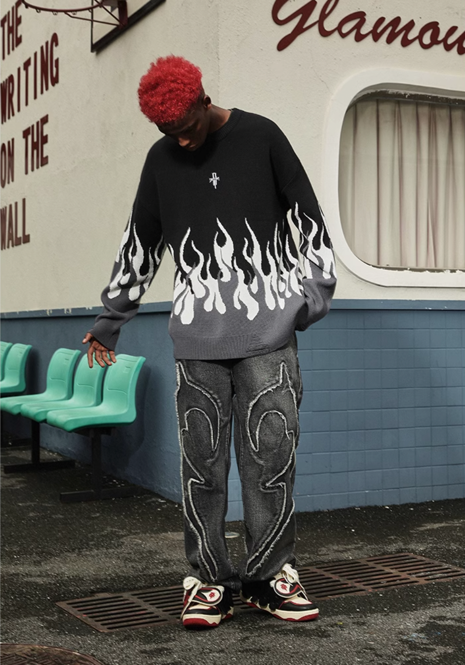 DICETINY Basic Logo Flame Destruction Knit Sweater