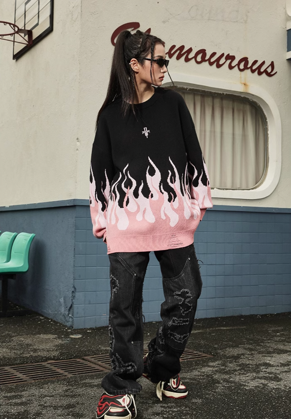 DICETINY Basic Logo Flame Destruction Knit Sweater
