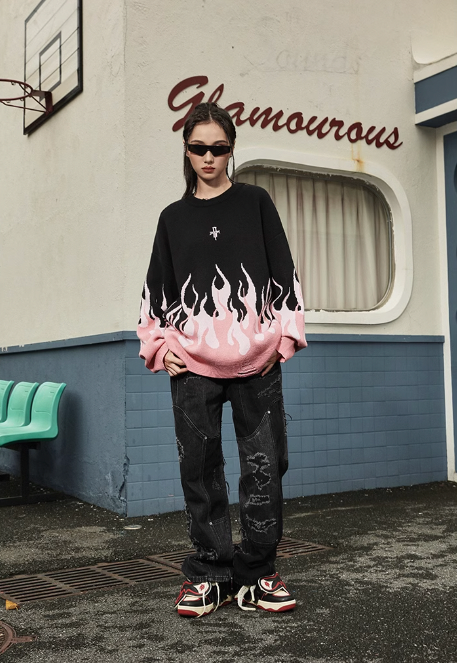DICETINY Basic Logo Flame Destruction Knit Sweater