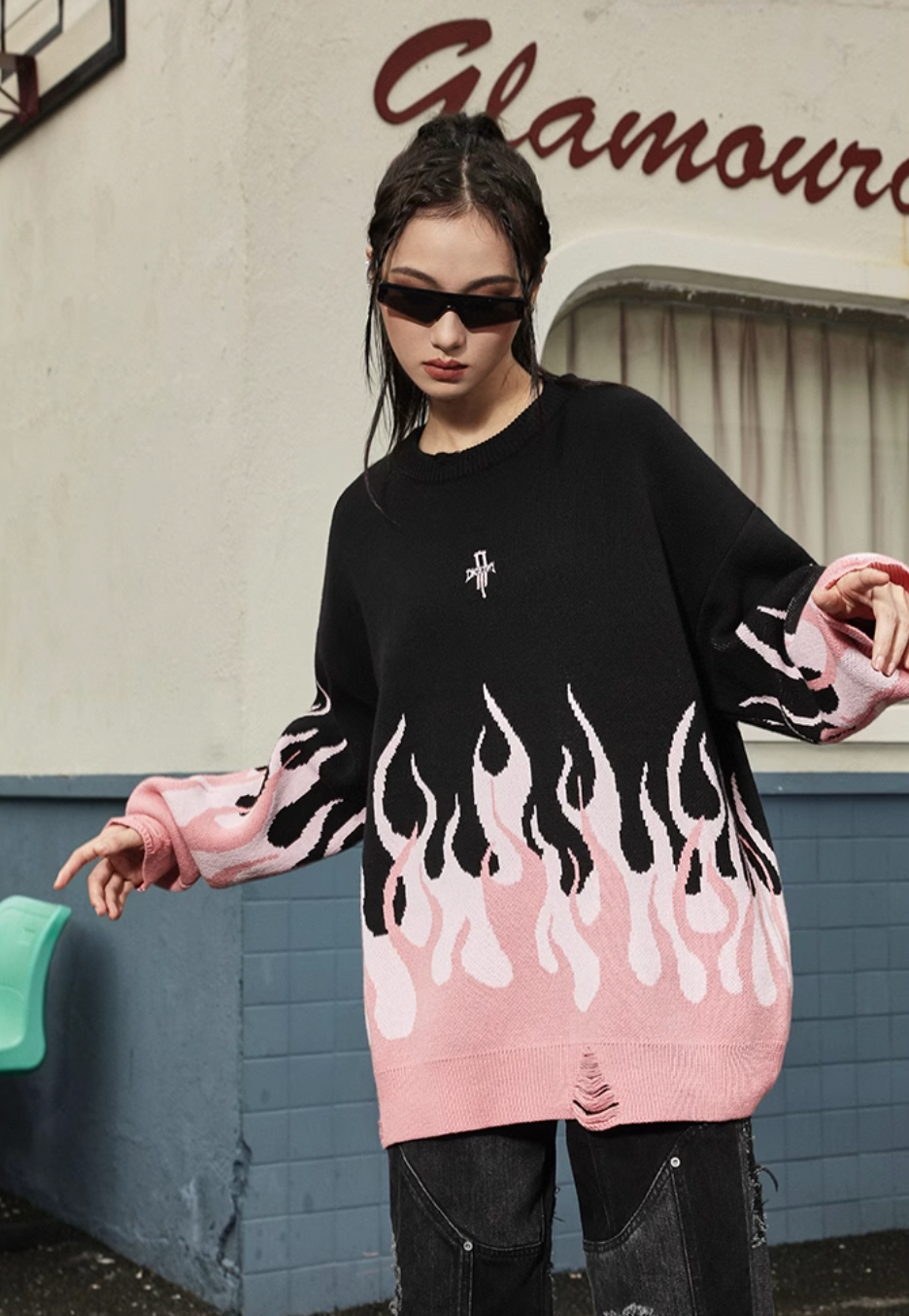 DICETINY Basic Logo Flame Destruction Knit Sweater