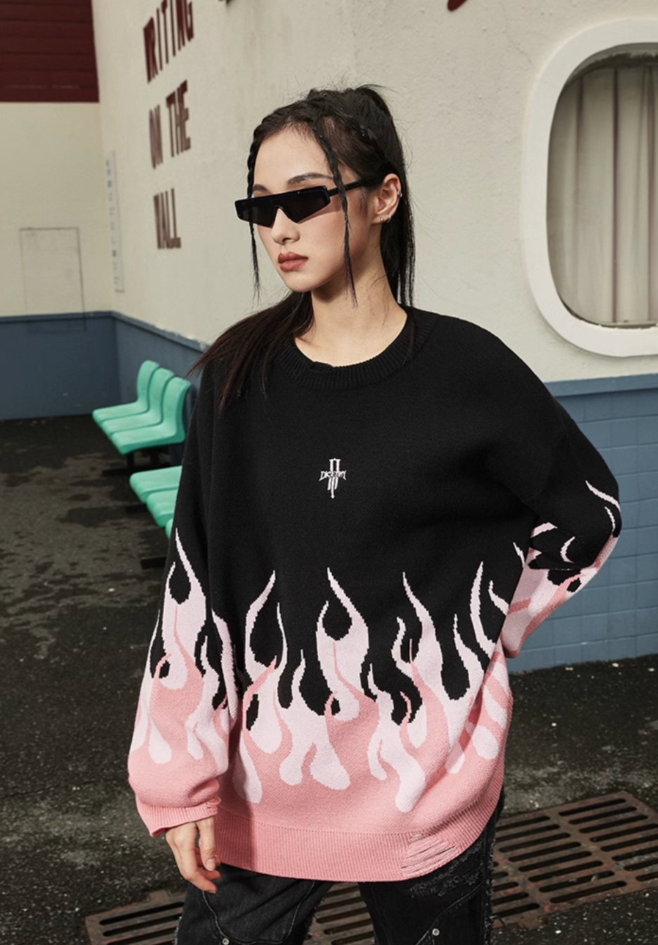DICETINY Basic Logo Flame Destruction Knit Sweater