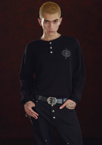 DICETINY Jacquard Leather Logo Metal Button Henry Neck Knit Sweater