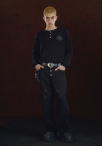 DICETINY Jacquard Leather Logo Metal Button Henry Neck Knit Sweater