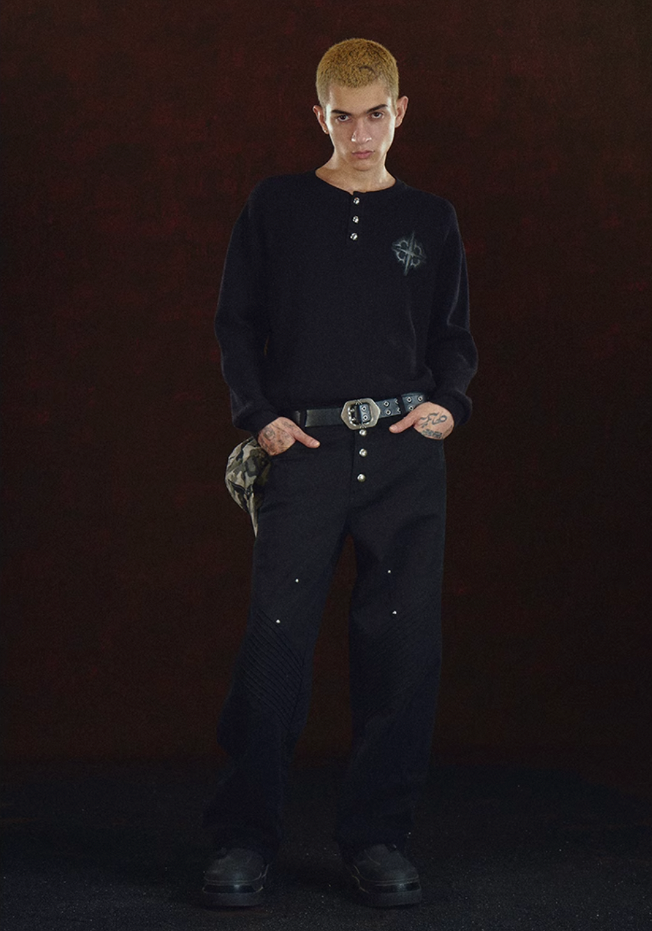 DICETINY Jacquard Leather Logo Metal Button Henry Neck Knit Sweater