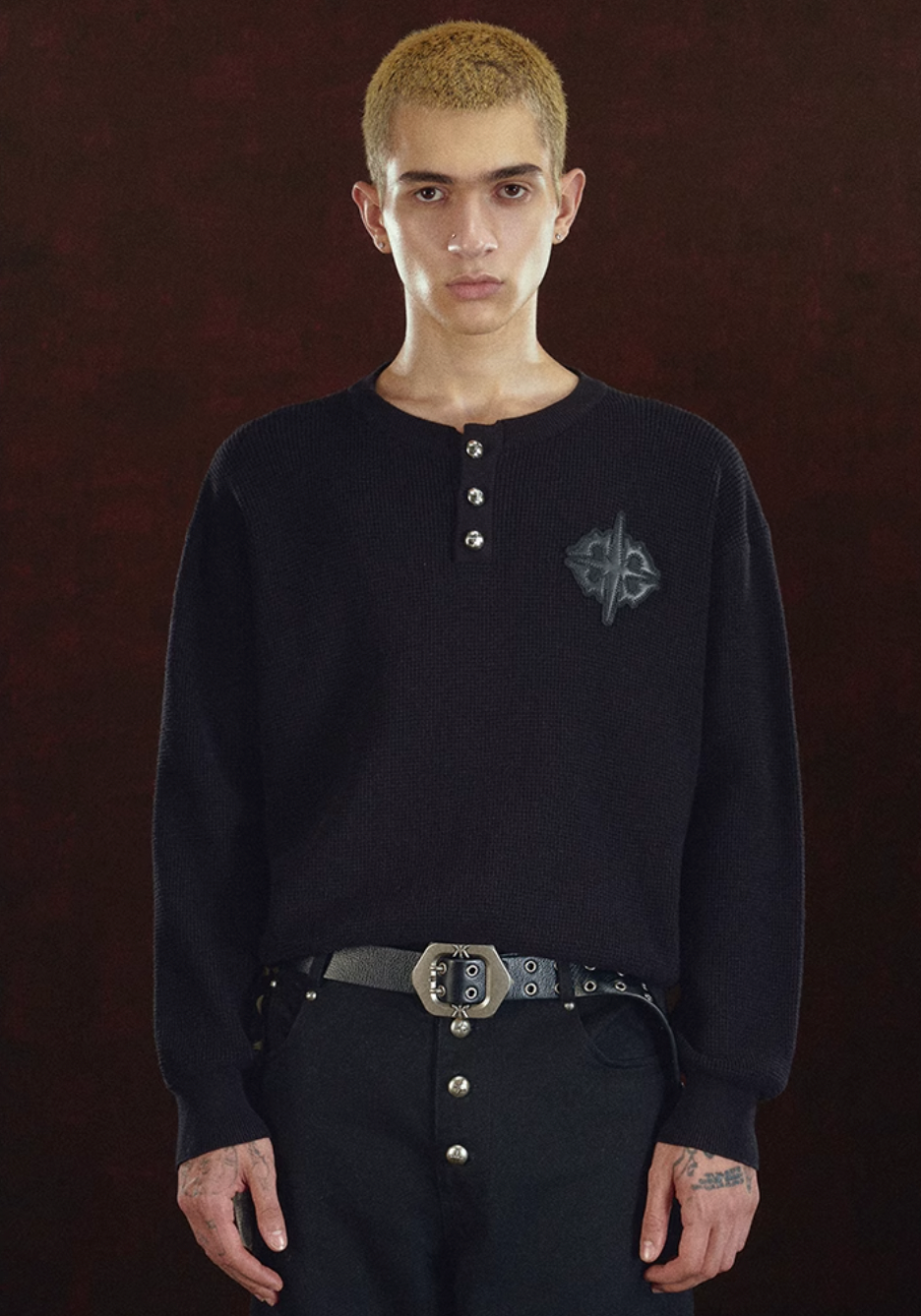 DICETINY Jacquard Leather Logo Metal Button Henry Neck Knit Sweater