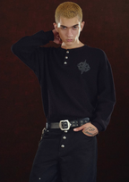 DICETINY Jacquard Leather Logo Metal Button Henry Neck Knit Sweater