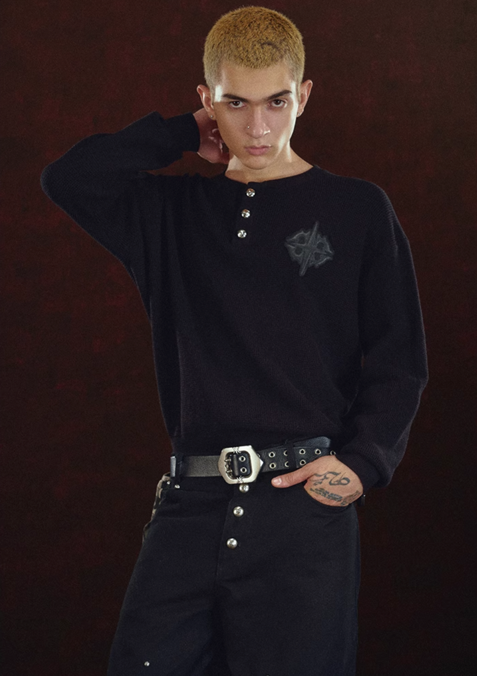 DICETINY Jacquard Leather Logo Metal Button Henry Neck Knit Sweater