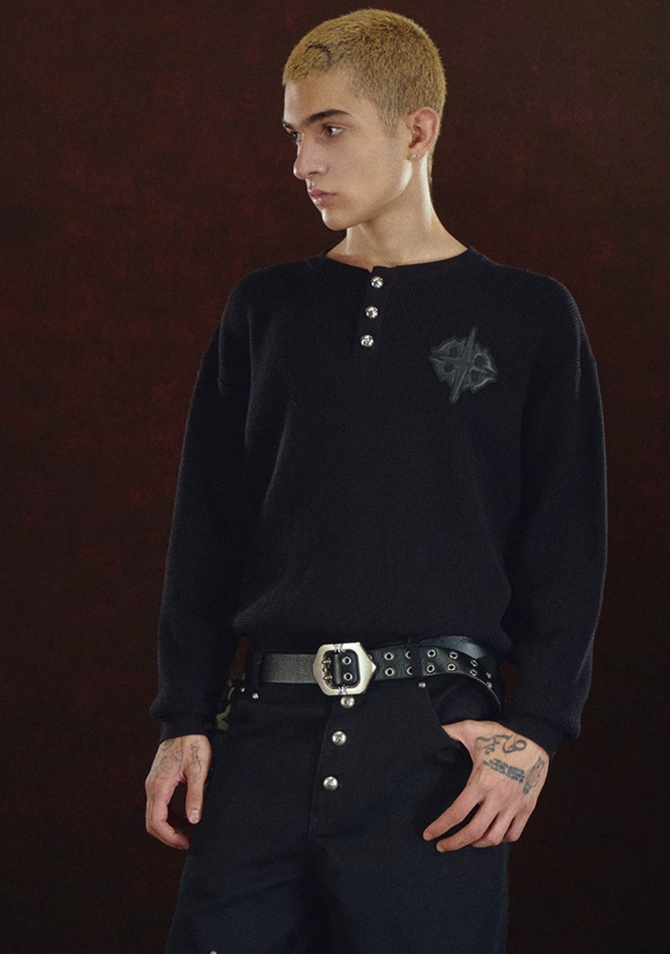 DICETINY Jacquard Leather Logo Metal Button Henry Neck Knit Sweater