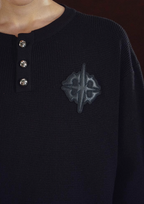 DICETINY Jacquard Leather Logo Metal Button Henry Neck Knit Sweater