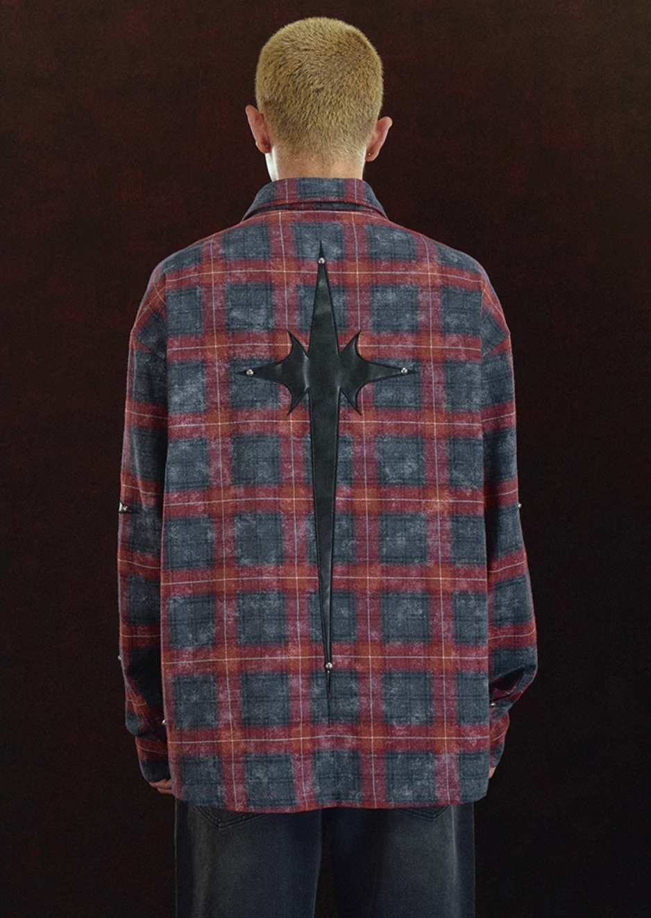 DICETINY Embroidered Leather Metal Logo Button Plaid Long Sleeved Shirt