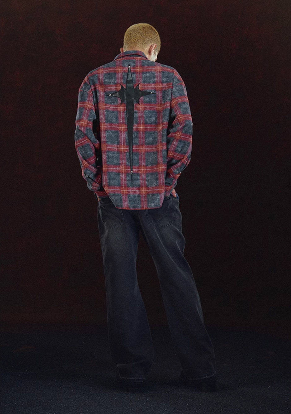 DICETINY Embroidered Leather Metal Logo Button Plaid Long Sleeved Shirt