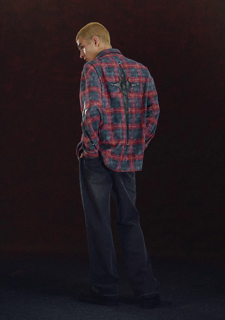 DICETINY Embroidered Leather Metal Logo Button Plaid Long Sleeved Shirt