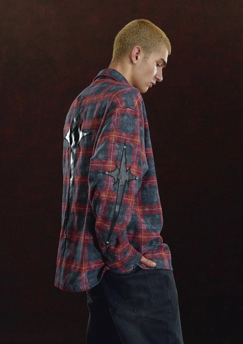 DICETINY Embroidered Leather Metal Logo Button Plaid Long Sleeved Shirt