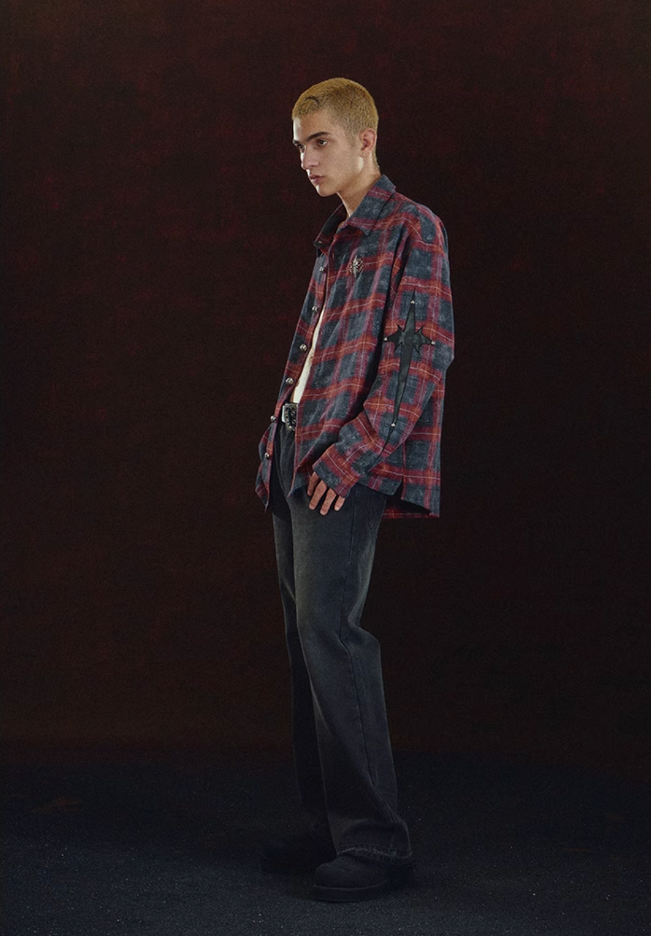 DICETINY Embroidered Leather Metal Logo Button Plaid Long Sleeved Shirt