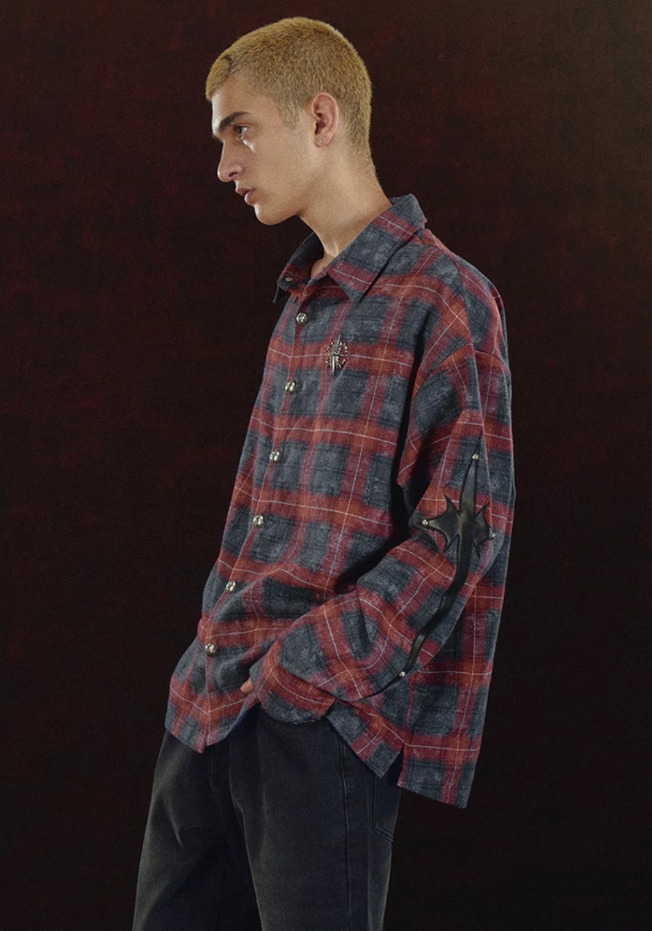 DICETINY Embroidered Leather Metal Logo Button Plaid Long Sleeved Shirt