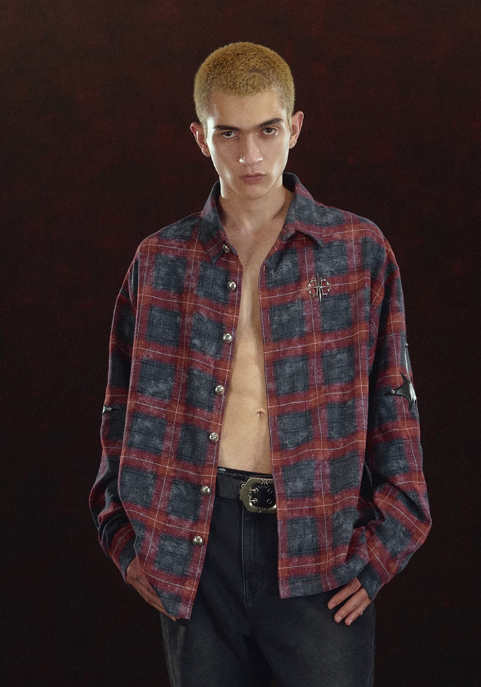 DICETINY Embroidered Leather Metal Logo Button Plaid Long Sleeved Shirt