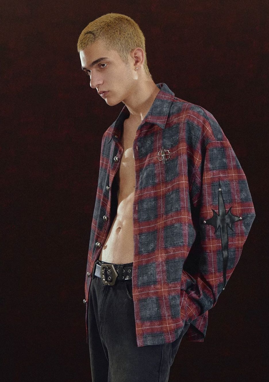 DICETINY Embroidered Leather Metal Logo Button Plaid Long Sleeved Shirt