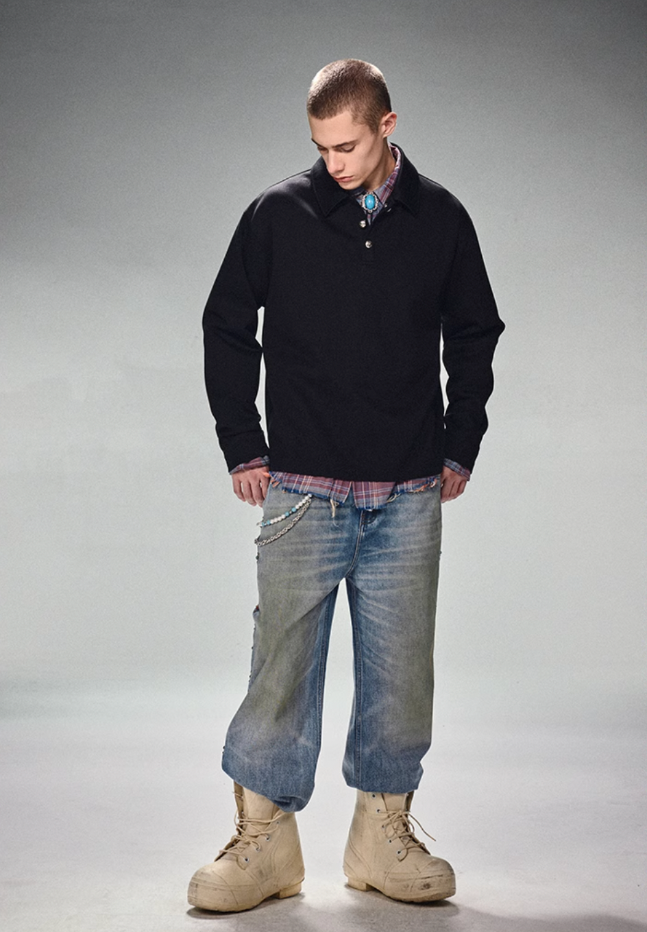 DICETINY Metal Button Long Sleeved Polo Shirt