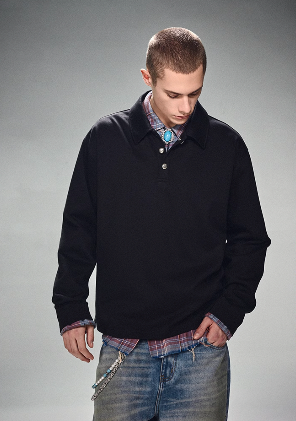 DICETINY Metal Button Long Sleeved Polo Shirt