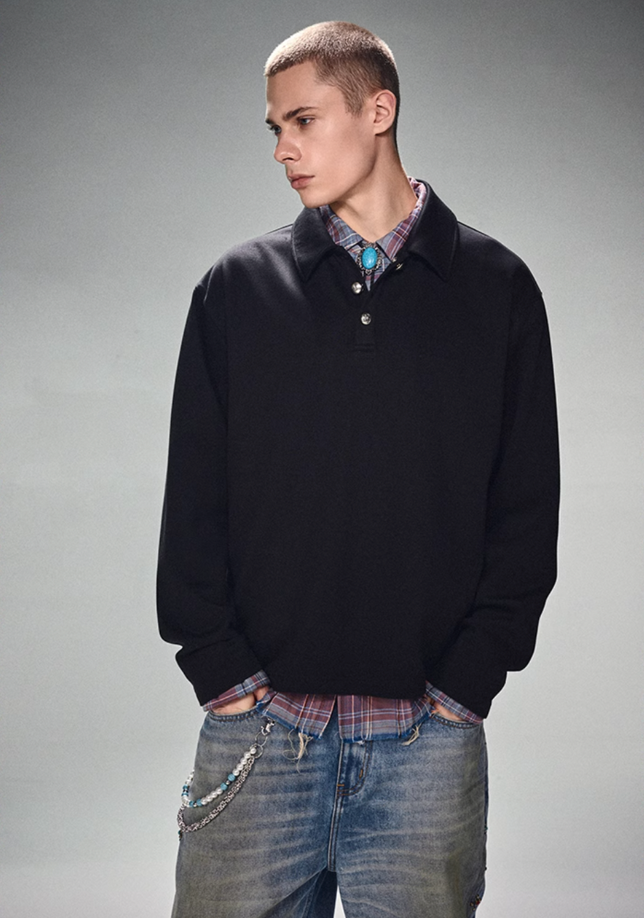DICETINY Metal Button Long Sleeved Polo Shirt